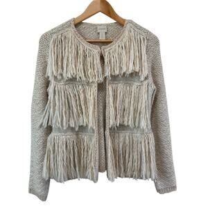 Chico's Kyleigh Boho Fringe Open Cardigan Neutral Cream Sz 0 US S‎ Festive Retro